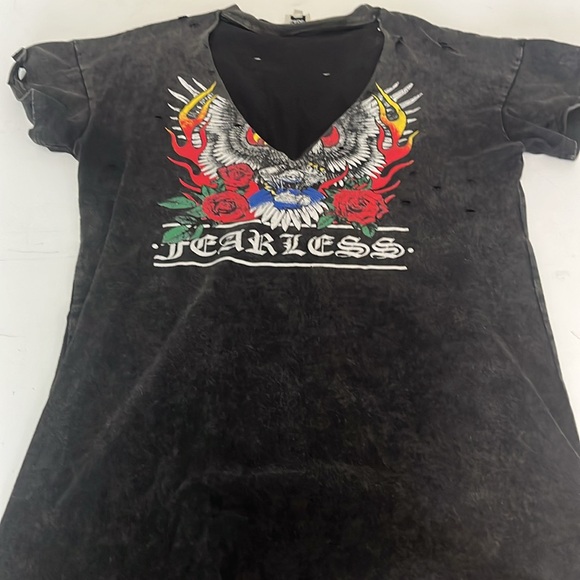 Black Graphic V-Neck Distressed Mini Dress - Picture 2 of 8